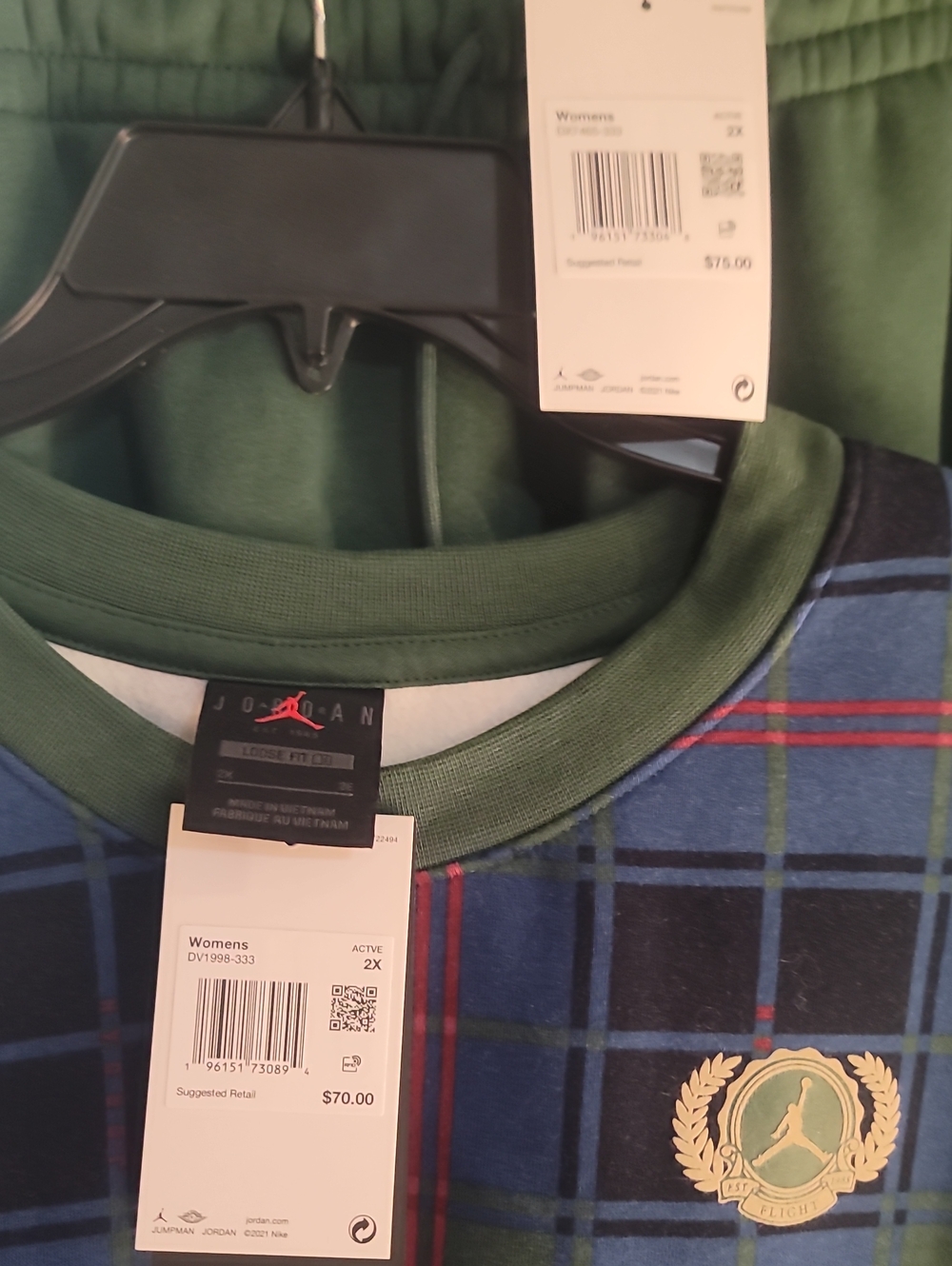 Nike_Air Jordan BrooklynFleece Tracksuit Set GreenPlaid 2x.-.NWT DV199